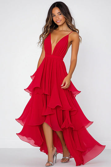 Volang Tiered Röd Chiffong Spaghetti Straps Formell Klänning